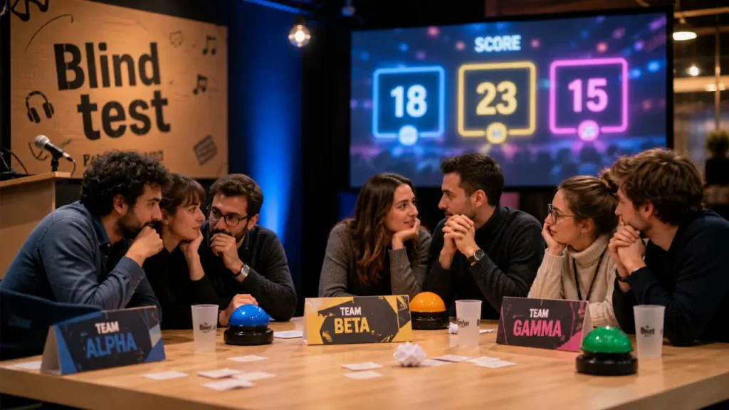 Blind test team building : équipes en séminaire, buzzers et score lumineux
