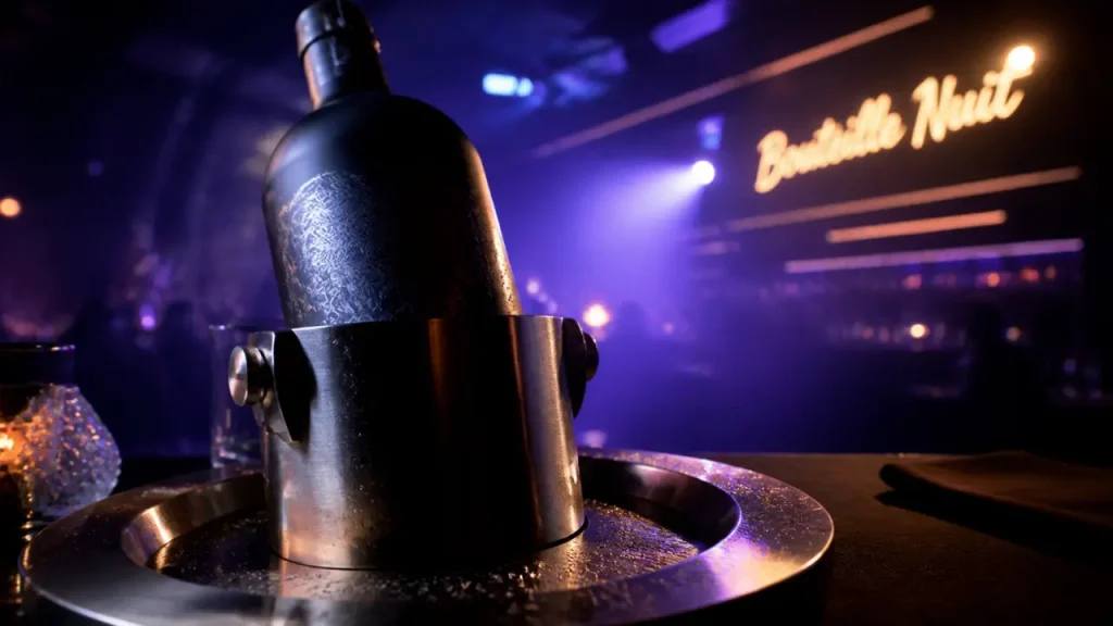 Bouteille boite de nuit noire mate avec LED et UV, ambiance club néons