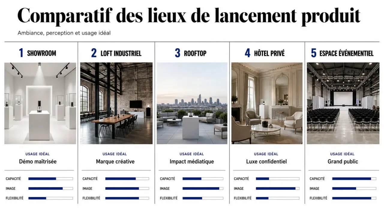 Comparatif des lieux de lancements produits : showroom, loft industriel, rooftop, hôtel privé et espace événementiel
