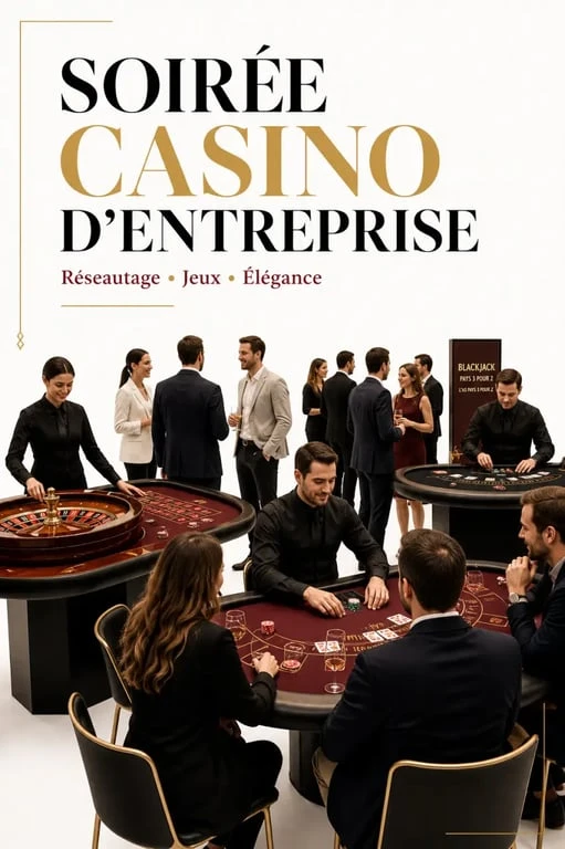 Soirée entreprise casino boostypoker dans une salle élégante avec tables de jeu et croupiers professionnels