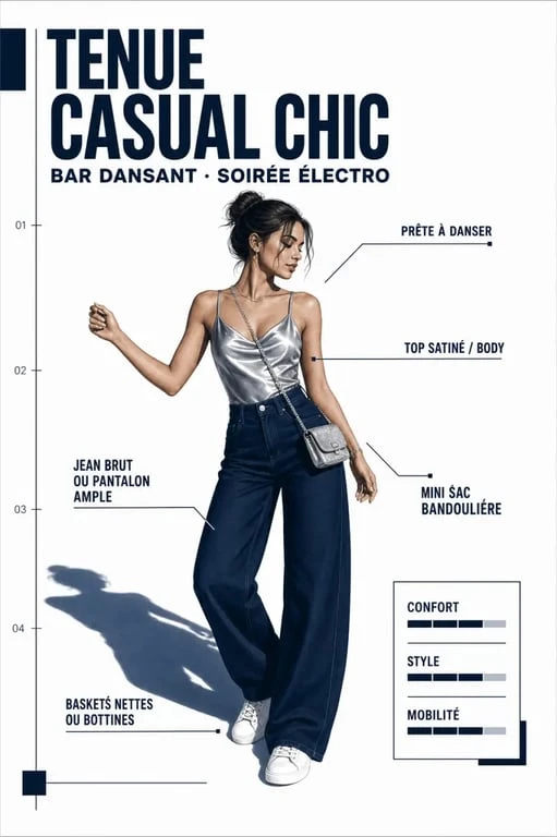 Tenu boite de nuit casual chic avec jean brut, top satiné et chaussures confortables