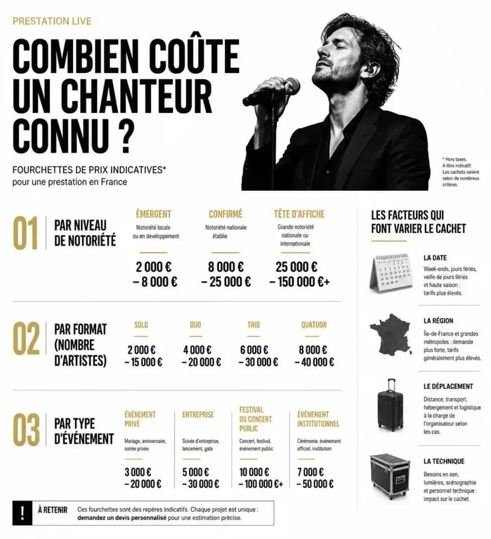 Tarif prestation chanteur connu : fourchettes de prix, formats et facteurs de variation