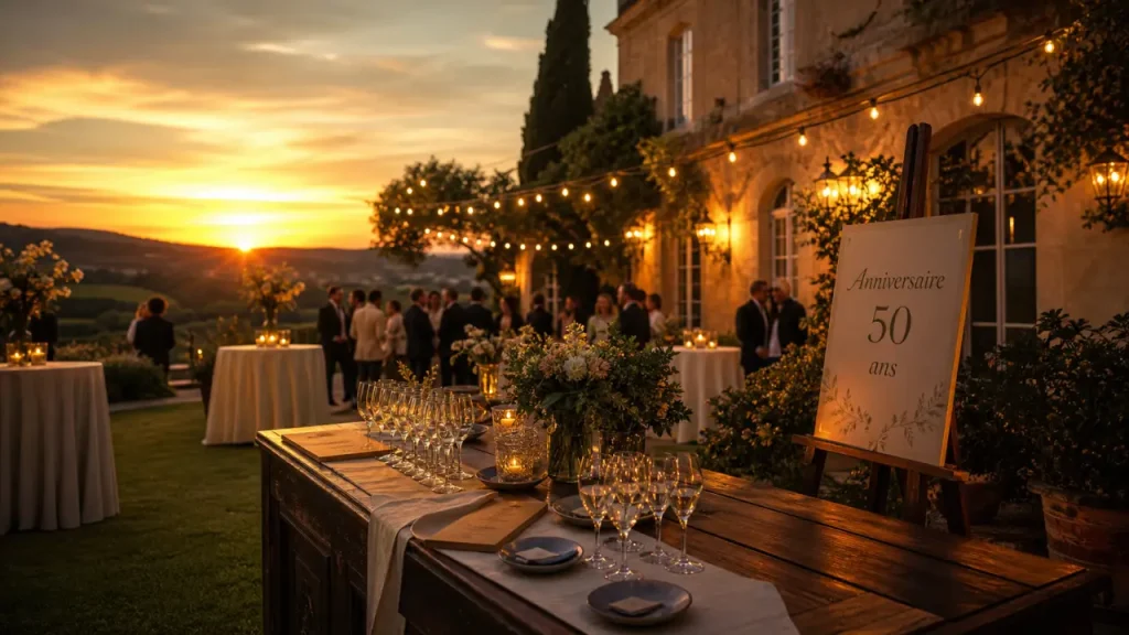 Lieu insolite pour fêter ses 50 ans : table de buffet sur terrasse