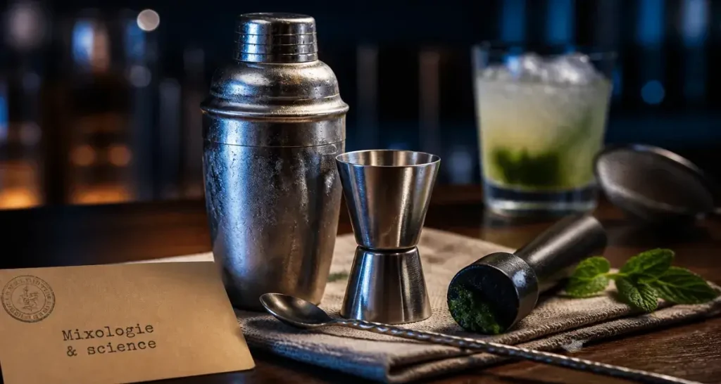Mixologie : shaker, jigger et muddler sur comptoir pour cocktails