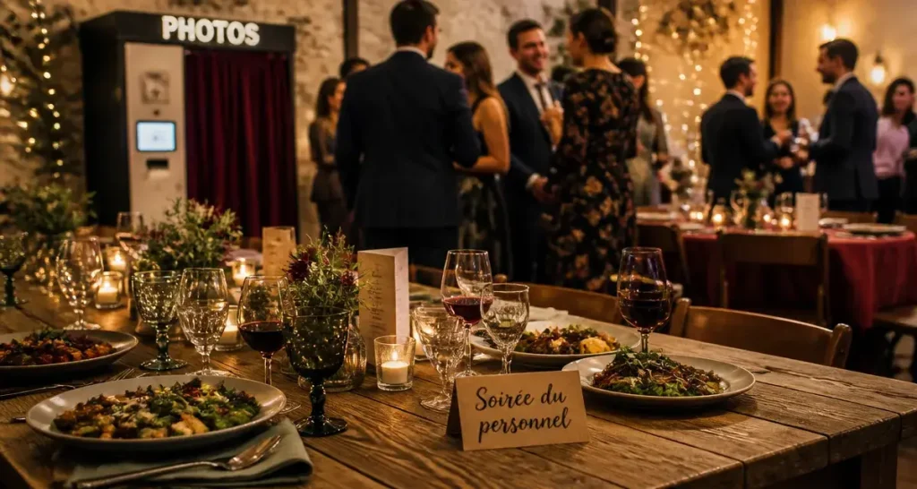 Soirée du personnel : table conviviale et collègues en tenue de soirée