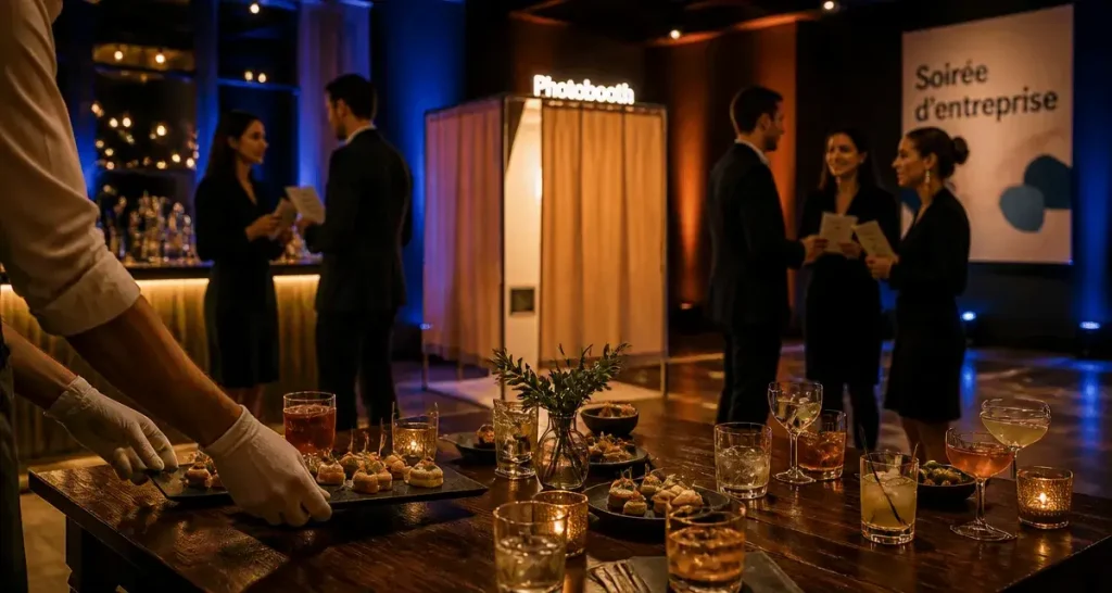 Soiree d entreprise : traiteur dépose des canapés devant une table