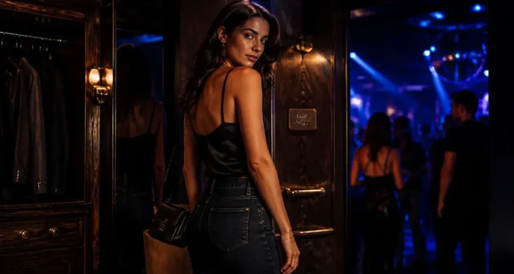 Tenue boite de nuit : femme chic en noir tenant un mini sac dans un club