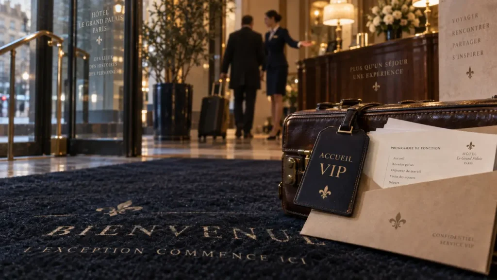 Accueil VIP : badge sur valise, tapis d’accueil hôtel