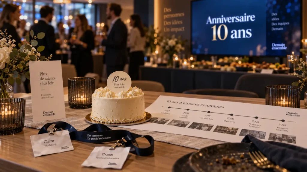 Anniversaire d’entreprise en intérieur : gâteau et équipe