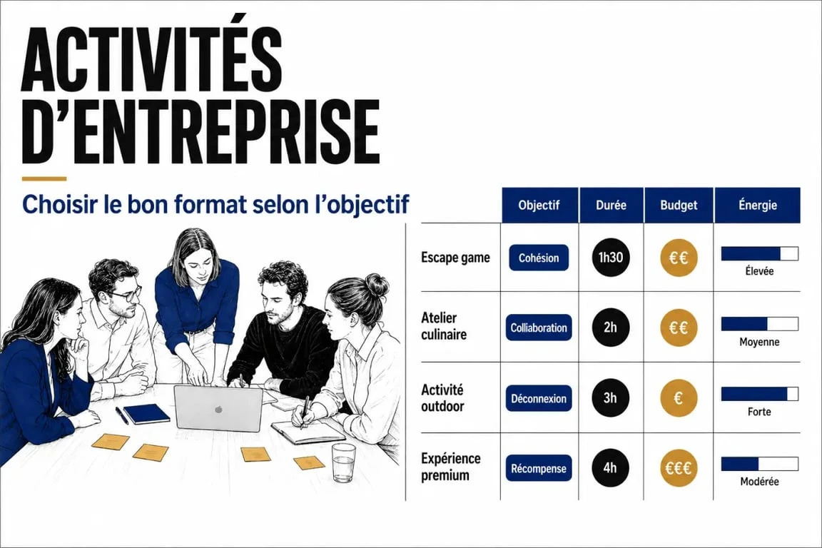 Activités entreprises : comparaison visuelle des formats selon objectif, durée et budget