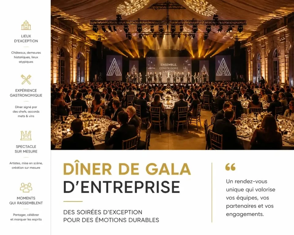 Dîner de gala d'entreprise dans un lieu prestigieux pour une soirée d'entreprise