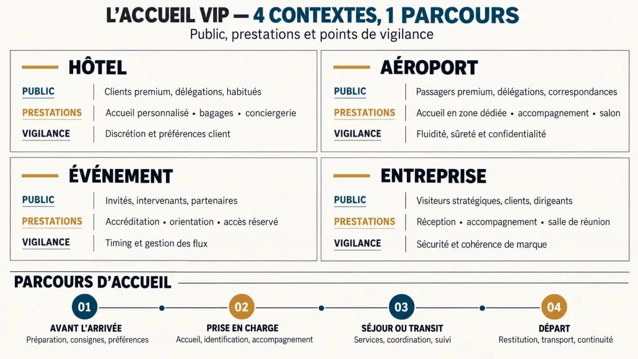 Infographie des différents contextes d’un accueil VIP à l’hôtel, à l’aéroport, en événement et en entreprise