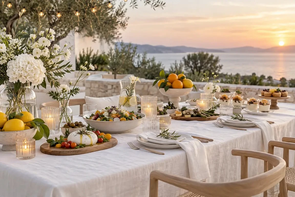 Table, buffet et éclairage d'une fête blanche