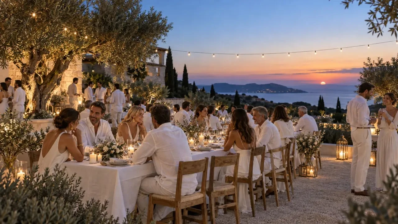 Ambiance méditerranéenne d'une fête blanche au coucher du soleil