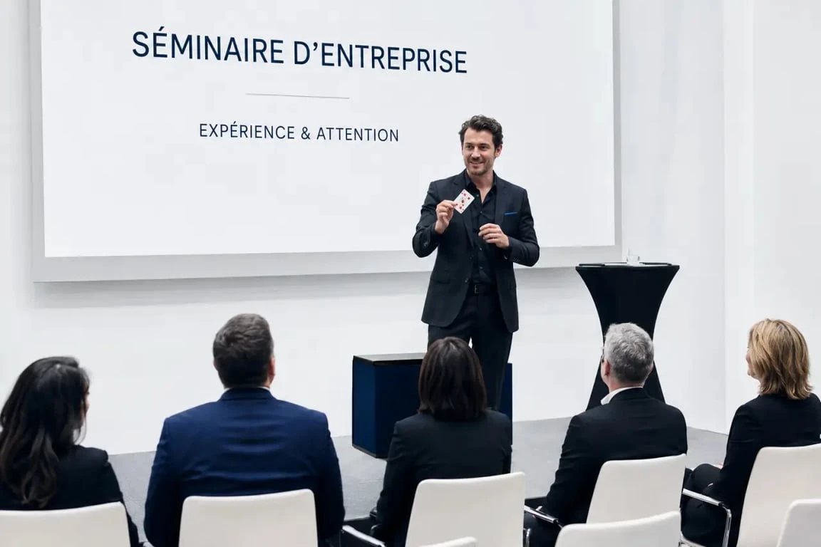 Magicien corporate sur scène pendant une conférence