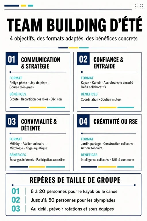 Infographie pour choisir un team building été selon l’objectif et l’effectif