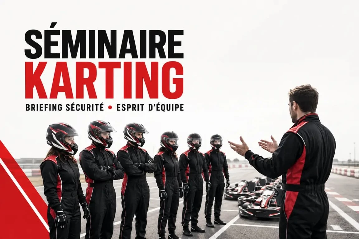 Séminaire karting d’entreprise sur circuit avec briefing sécurité et équipe en attente du départ