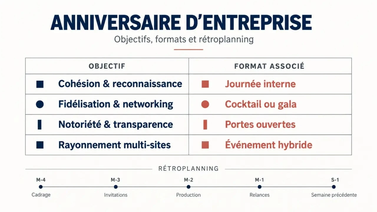 Anniversaire d'entreprise : formats d'événement selon les objectifs et rétroplanning