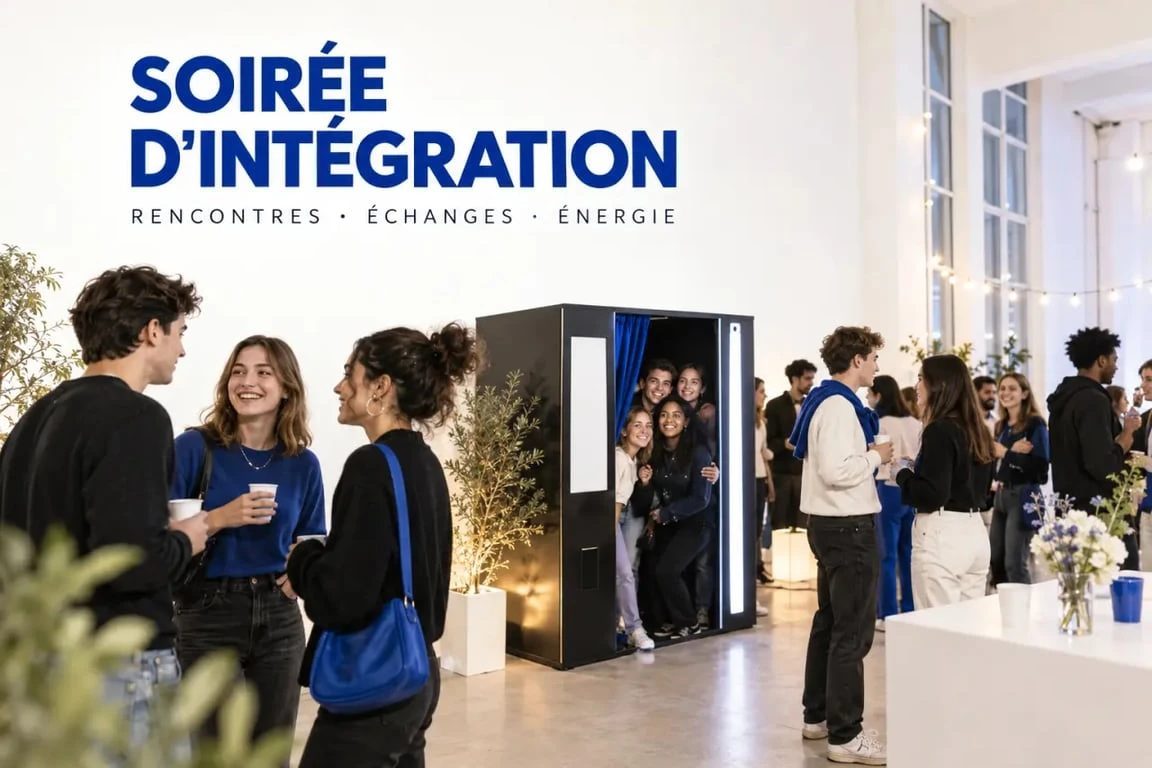 Soirée d'intégration étudiante avec ambiance chaleureuse et groupe d'étudiants réunis