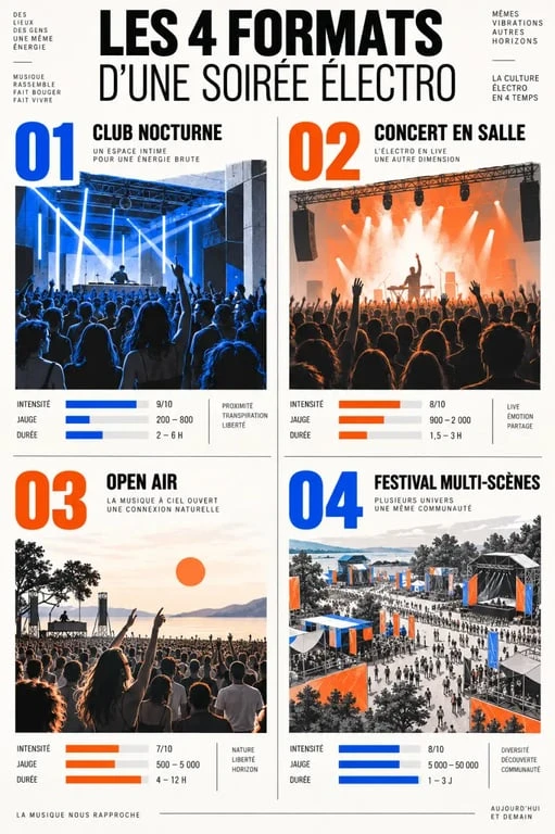 Infographie éditoriale présentant les quatre formats d'une soiree electro : club, concert, open air et festival