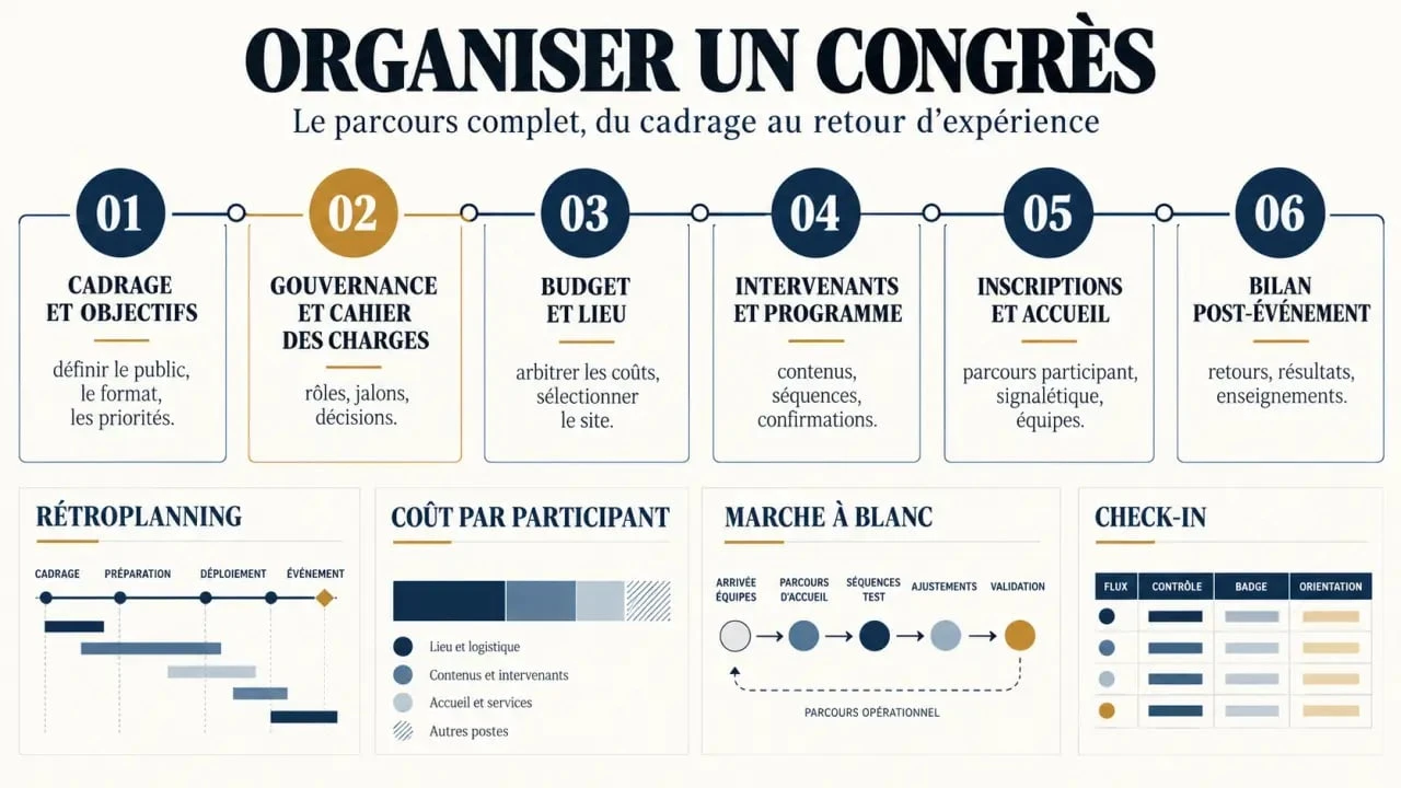 Infographie des étapes pour organiser un congrès, du cadrage au bilan