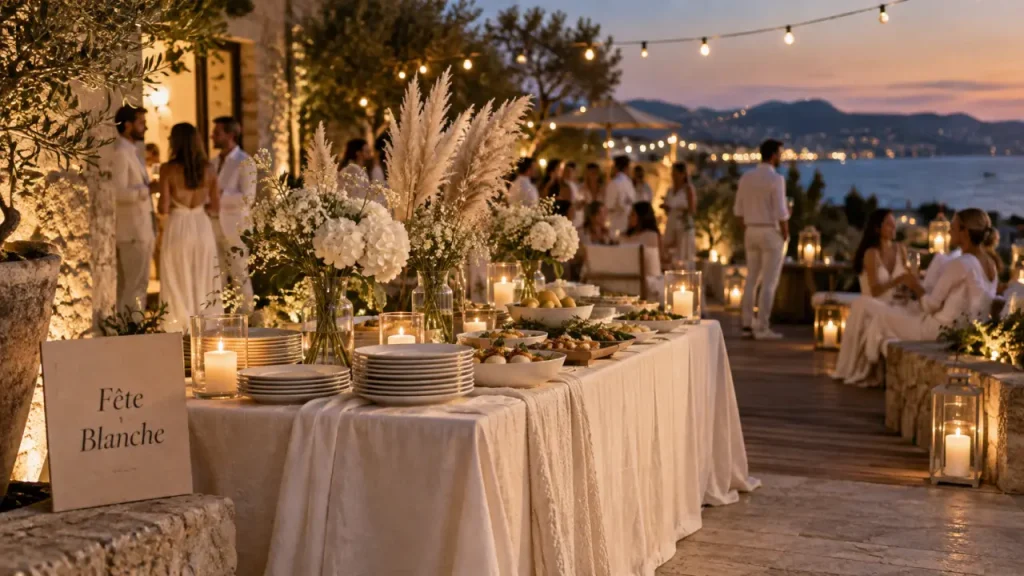Fetes blanches : table blanche en lin ivoire et fleurs blanches