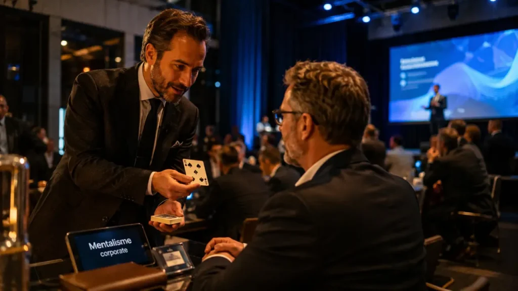 Magician corporate en mentalisme lors d’une conférence B2B