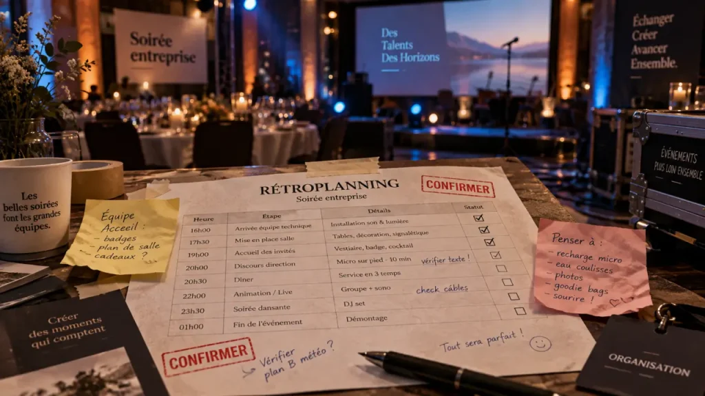 Organisation soirée entreprise : rétroplanning et budget, salle prête
