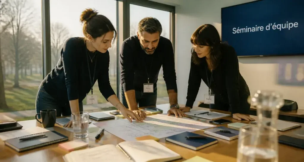 Séminaire d’entreprise : équipe en atelier, badges et plan de travail