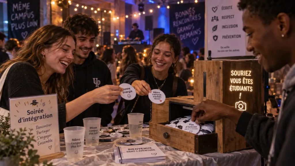 Soirée d'intégration : accueil prévention au campus avec étudiants et photobooth