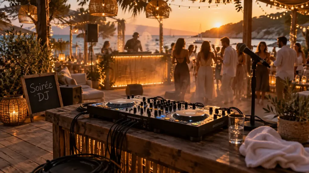Soirée dj var : console DJ sur plage au coucher du soleil