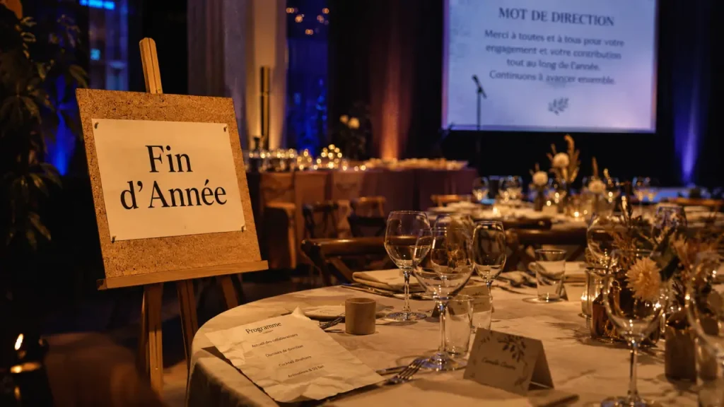 Soiree fin d année entreprise : salle privatisée avec buffet cocktail et micro sur scène