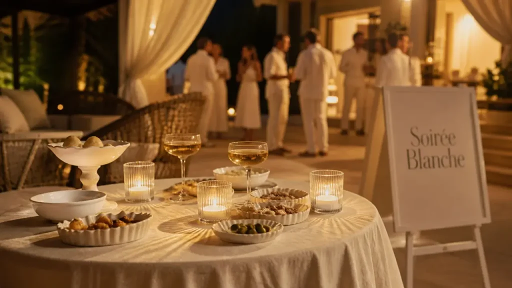 Soirees blanches, table blanc ivoire, bougies, invités en lin blanc