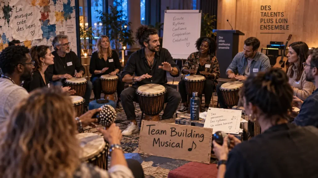 Team building musique : collaborateurs en cercle avec djembés