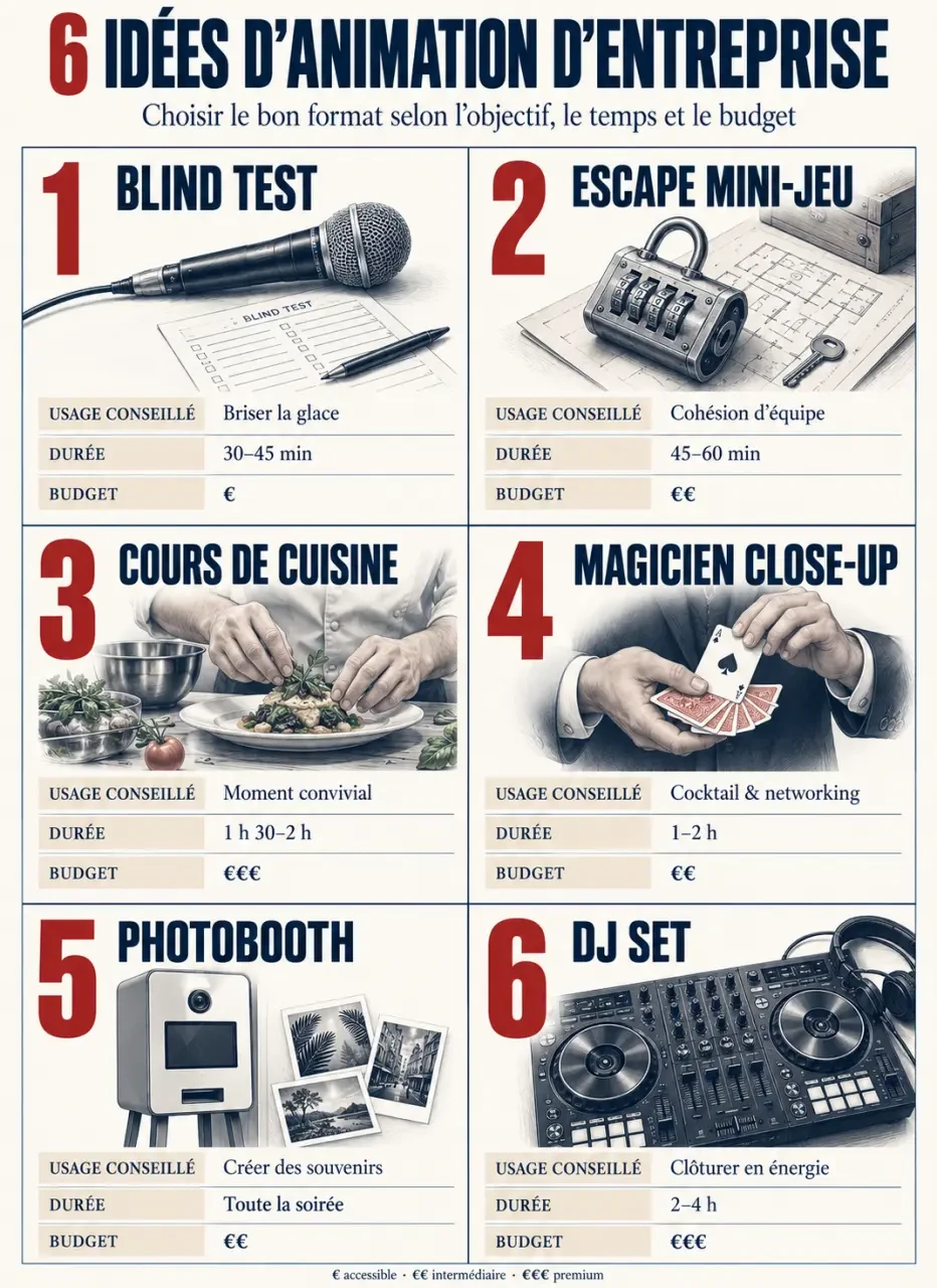 Idée animation entreprise : infographie comparant six animations selon l’usage, la durée et le budget