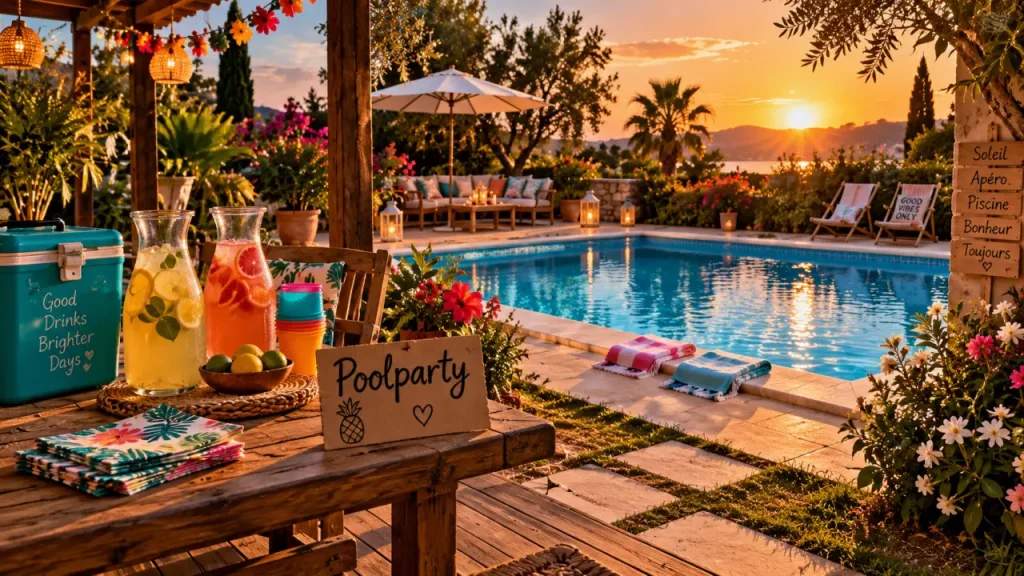 Poolparty : table ombragée, piscine et assises pour une soirée réussie