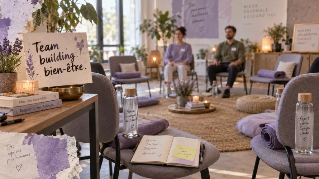 Team building bien-être au travail en salle calme, équipe détendue